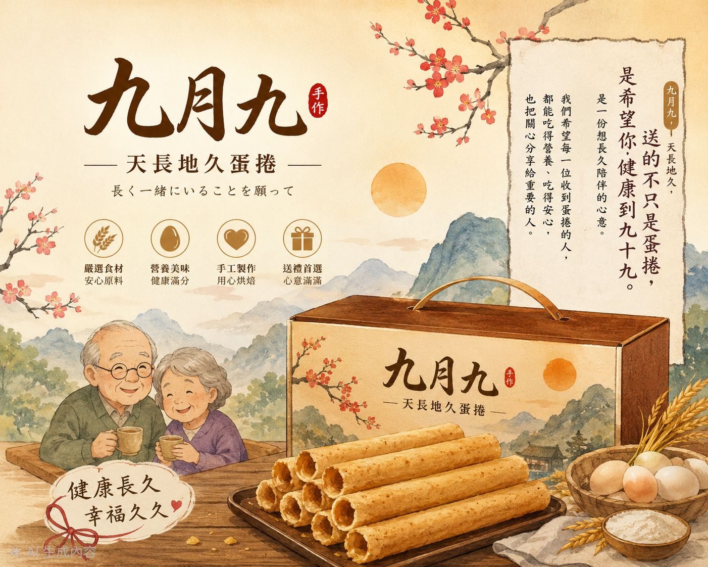 九月九手工蛋捲兩盒禮盒與久久祝福插畫