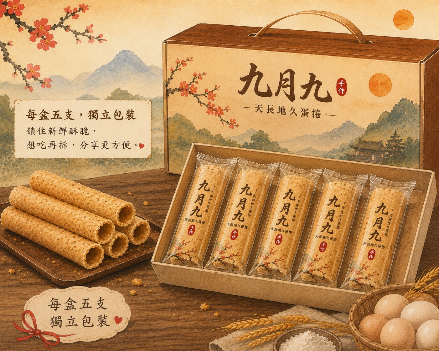 九月九蛋捲每盒五支，每支獨立包裝