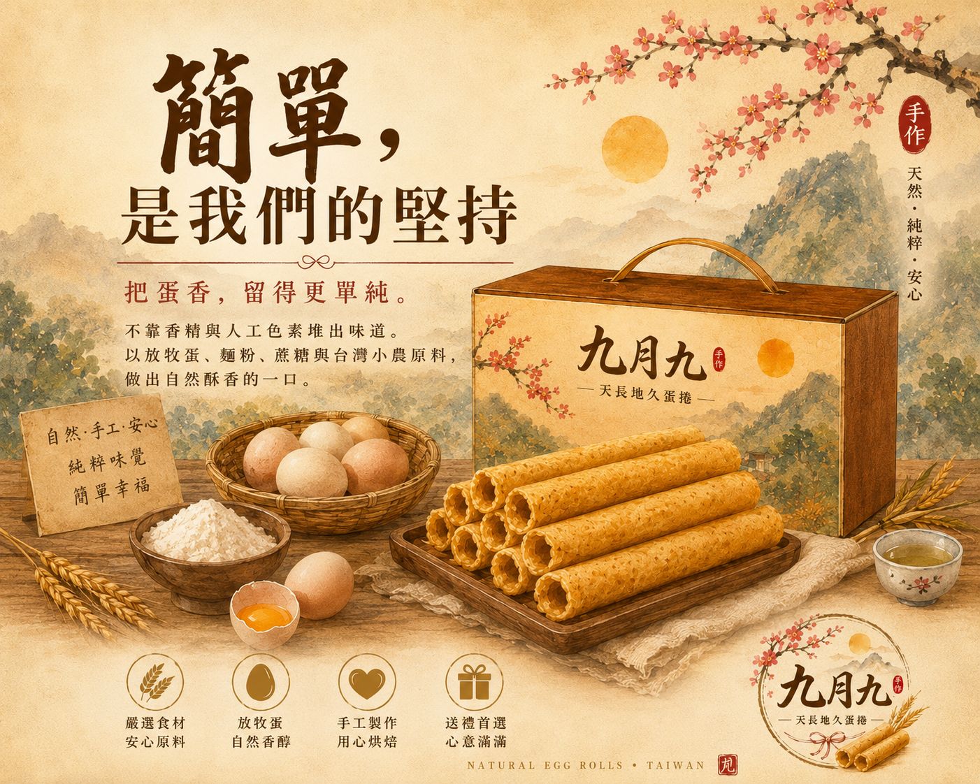 九月九蛋捲與放牧蛋、麵粉及天然食材插畫